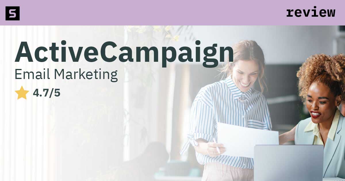 Smiling businessman next to 4.3 stars and pointing at ActiveCampaign logo.
