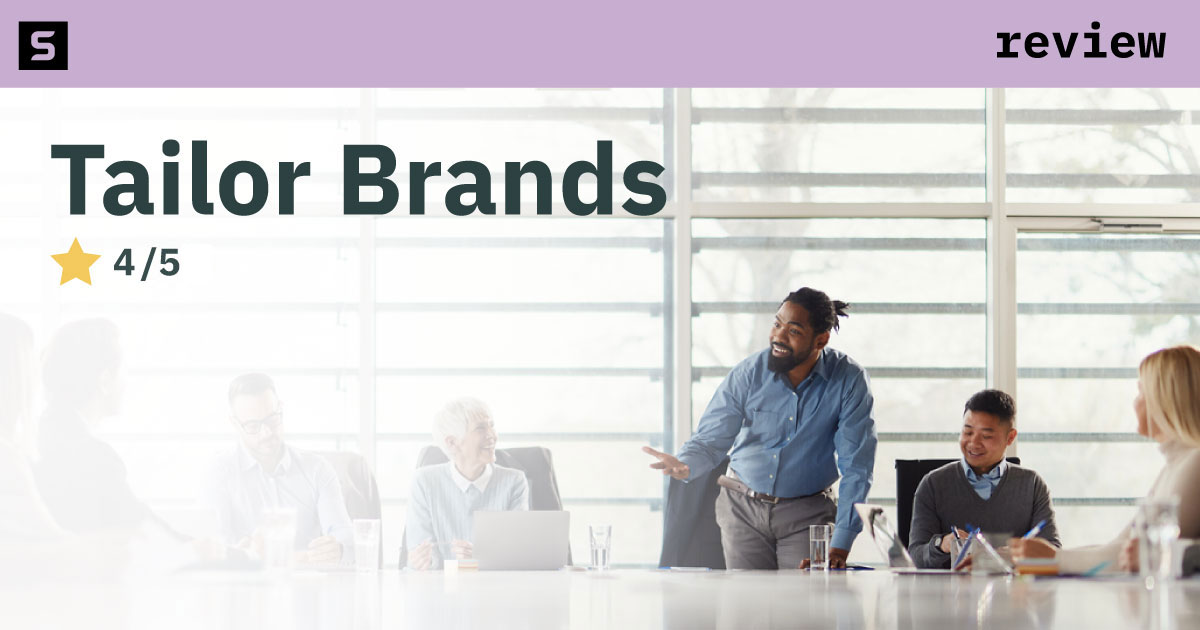Smiling businessman next to 4 stars and pointing at Tailor Brands logo.