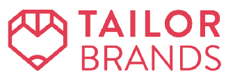 Smiling businessman next to 4 stars and pointing at Tailor Brands logo.