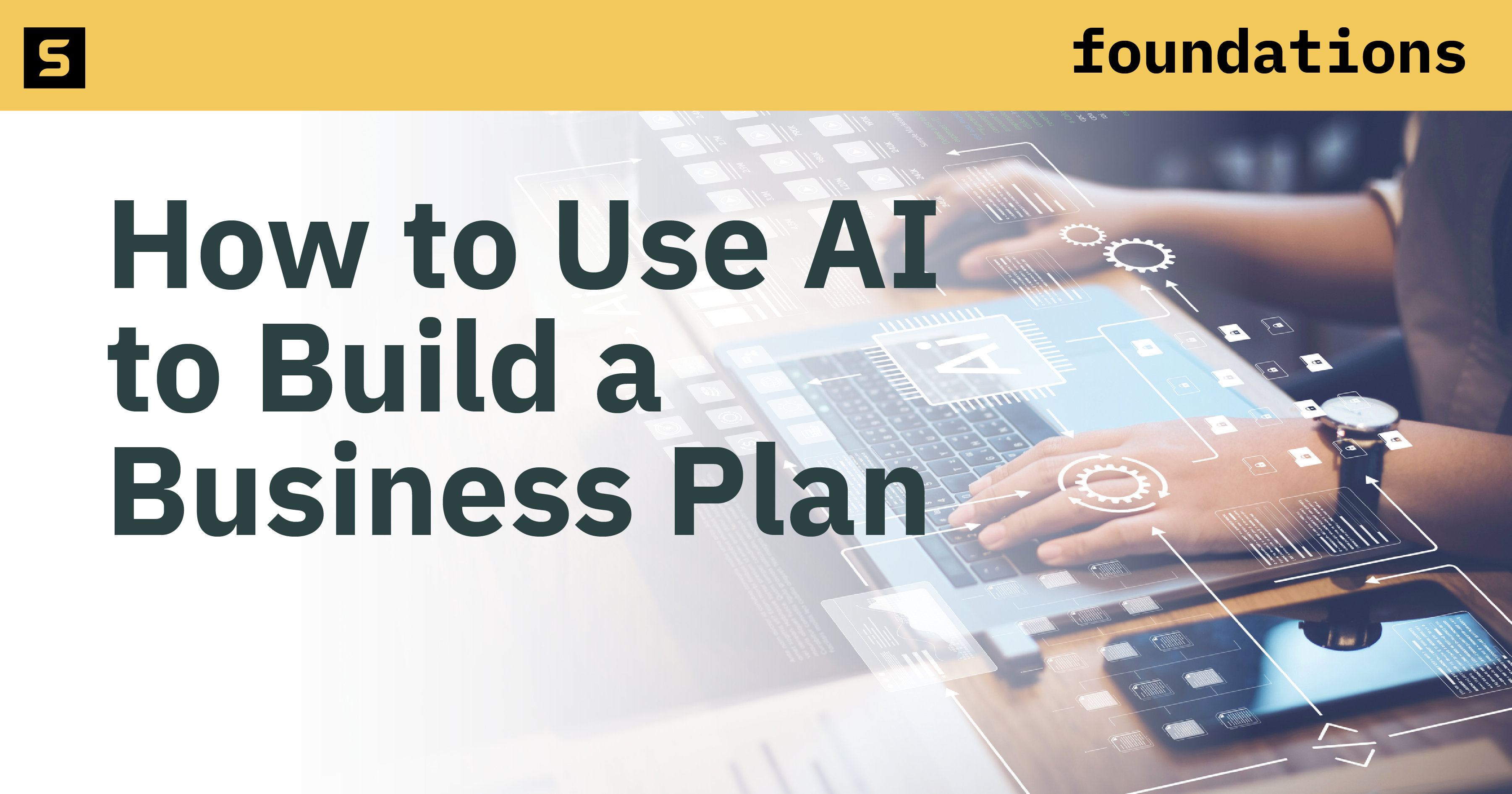 Person typing on a laptop with AI and data-analytics graphics overlaid, illustrating how to use AI to build a business plan