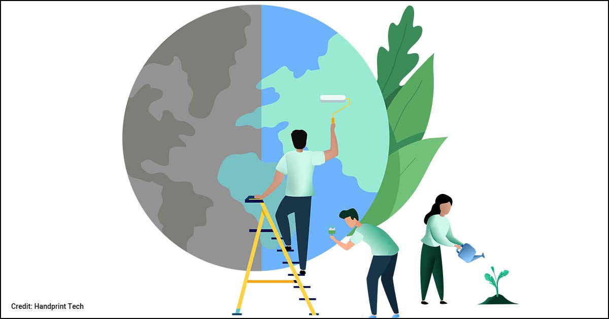 Handprint illustration of people painting the earth.