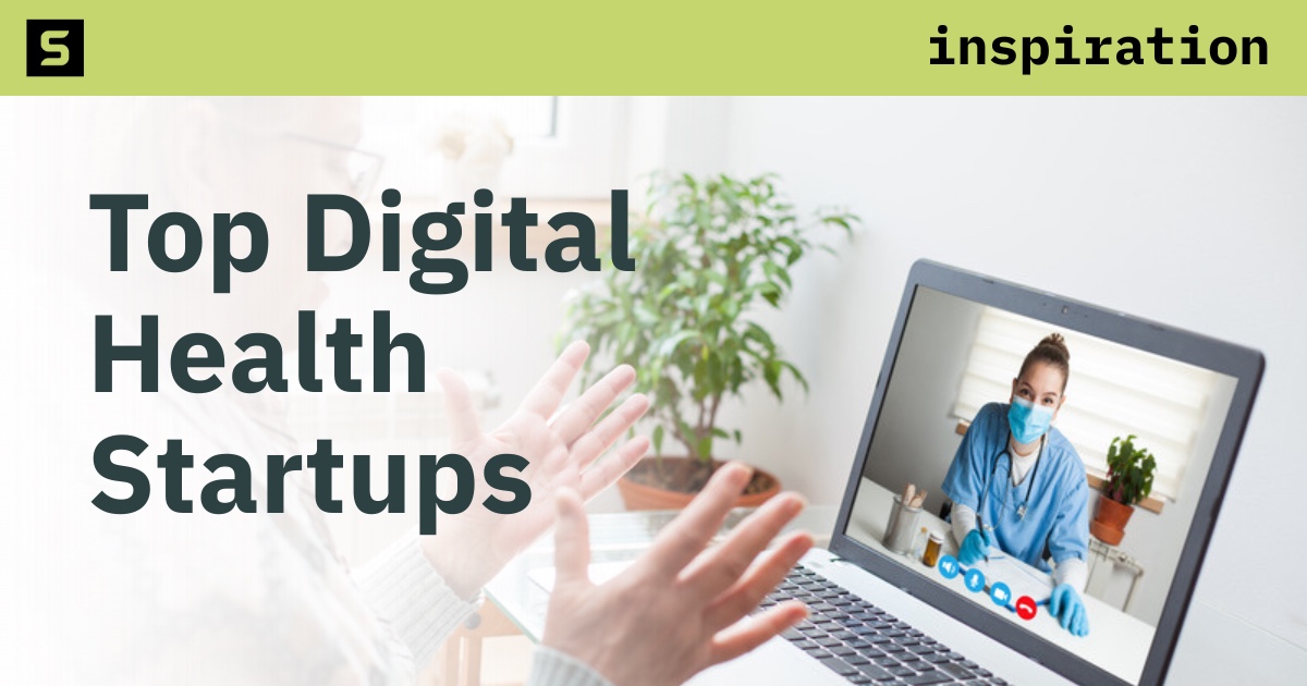 Top Digital Health Startups graphic showing a patient on a video call with a healthcare professional.